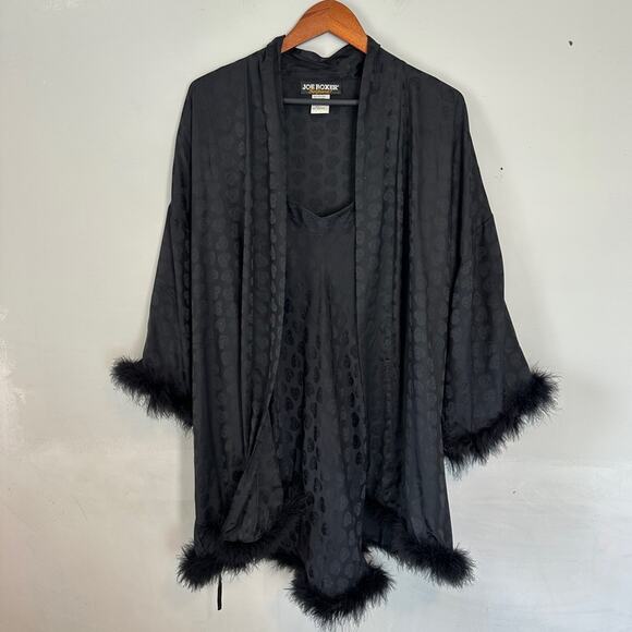 Vintage Joe Boxer Girlfriend Black Silk Robe & Slip Set Feather Trim 90s Y2K Med